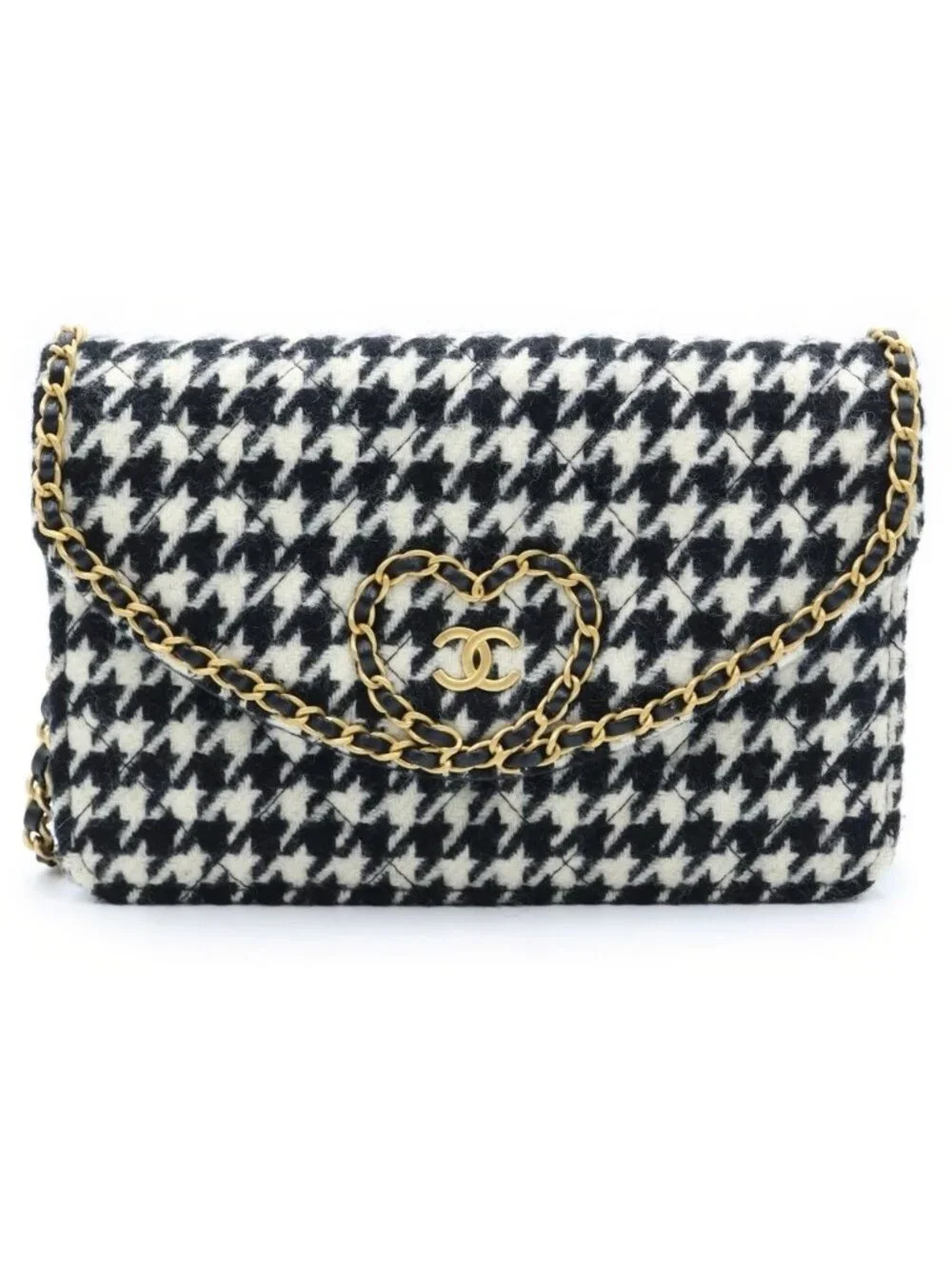 Chanel Wallet on Chain Heart Shoulder Bag Tweed Black White Houndstooth Gold
